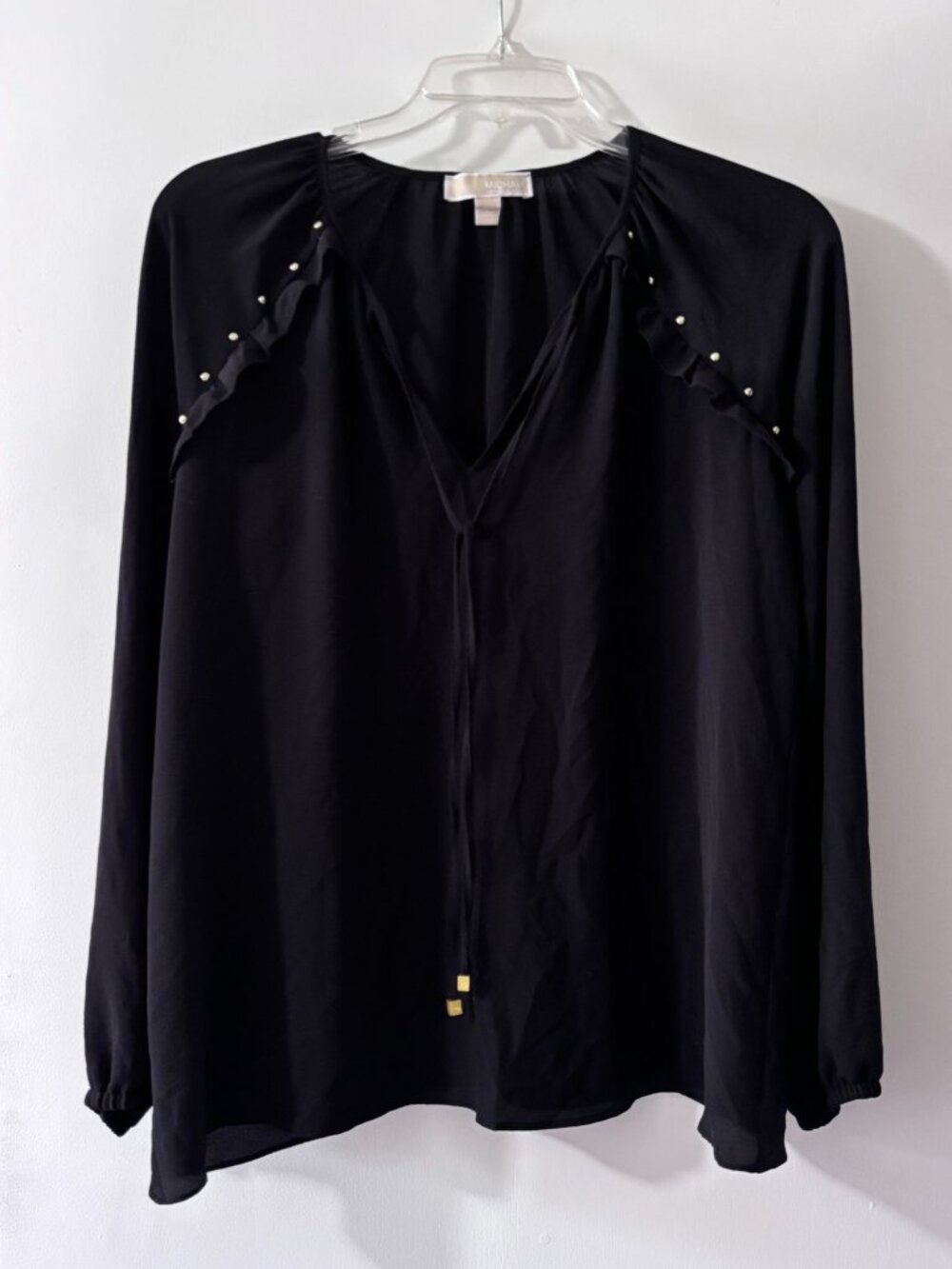 Michael Kors Black Studded Ruffle Yoke Split Tie Neck Blouse Size Large